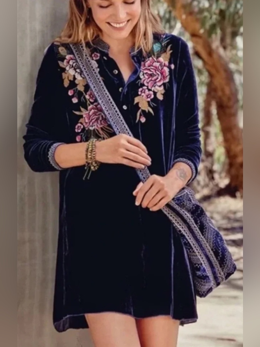 Johnny Was Quito Trapeze Dress Blue Embroidered Floral Velvet Silk w Pockets L